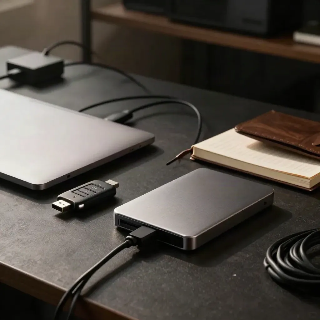 Half-closed laptop, USB key, SSD and notebook on a dark workstation in moody light.