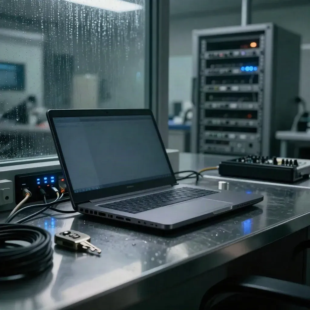 Night security lab with laptop, switch, cable spool and auth key under blue LEDs