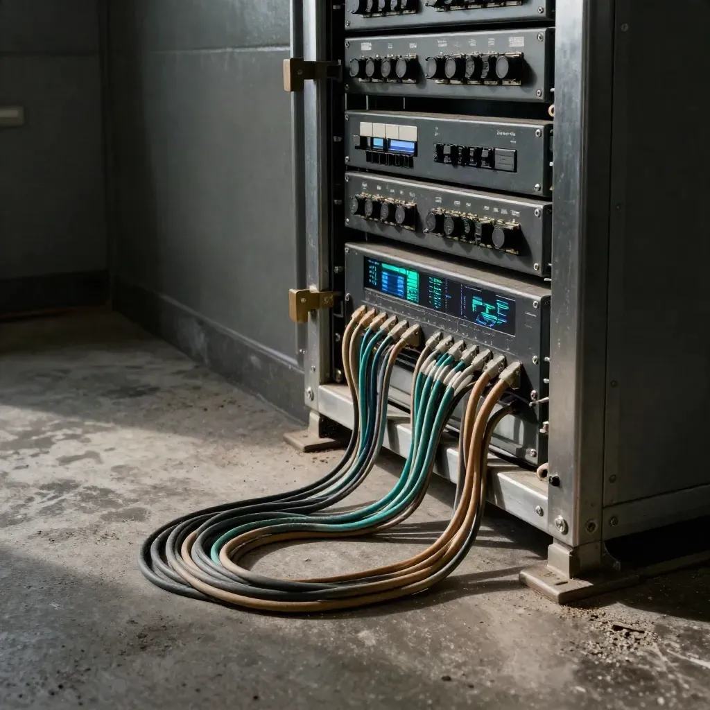Low comms room with patch panel, switch stack, and cable run in dramatic teal-lit haze.