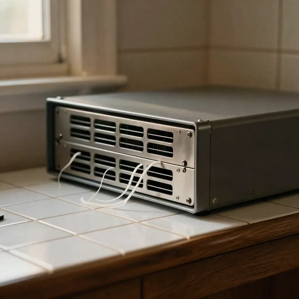 Cloud review hardware on a white-tile bench with server, fibre loops and lockable case.