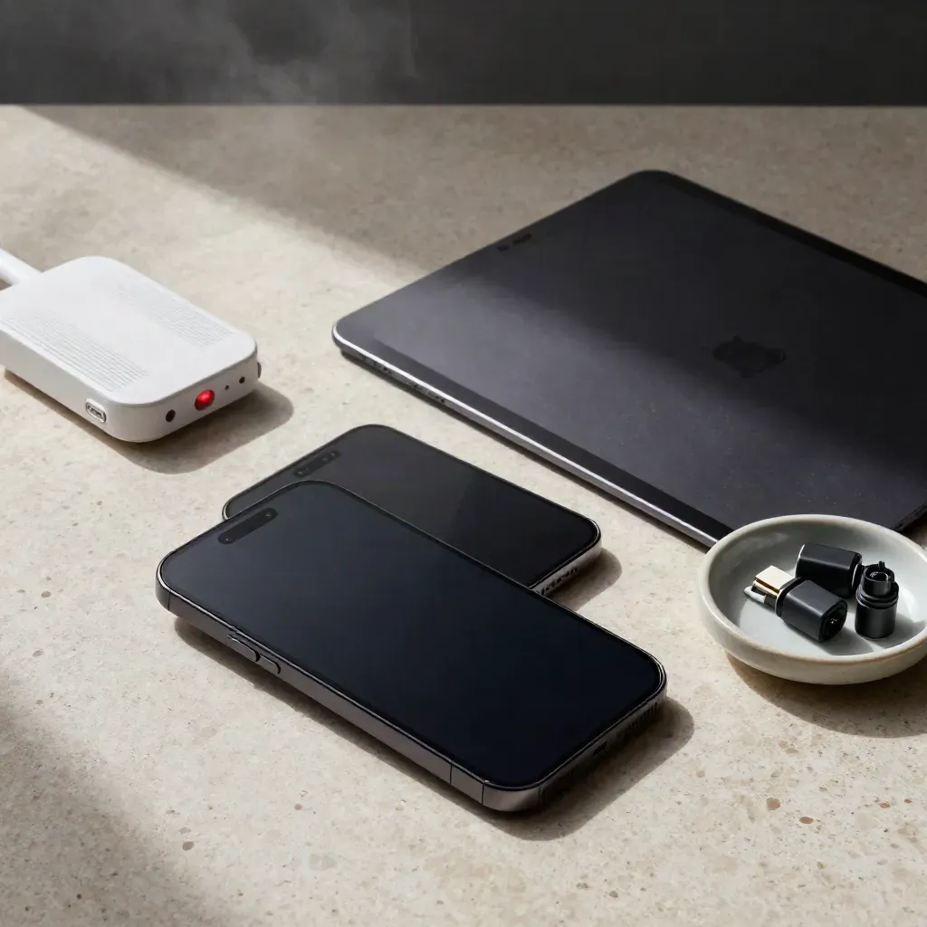 Top-down API scan spread with phones, tablet, access point and ceramic dish on pale stone.