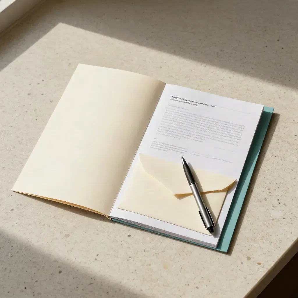 Top-down remediation report pack with cream folder, dividers, envelope and capped pen on travertine.