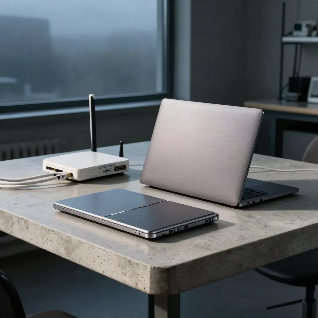 Closed laptop, sealed drive, cable coil and small router on concrete in blue-hour mist.