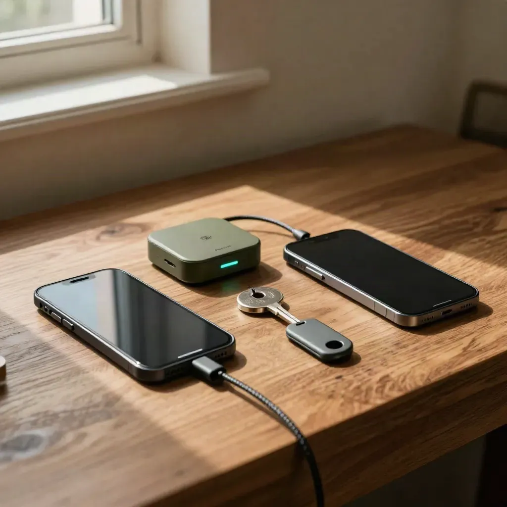 Dark phones, token key and gateway box on a warm oak bench in soft window light.