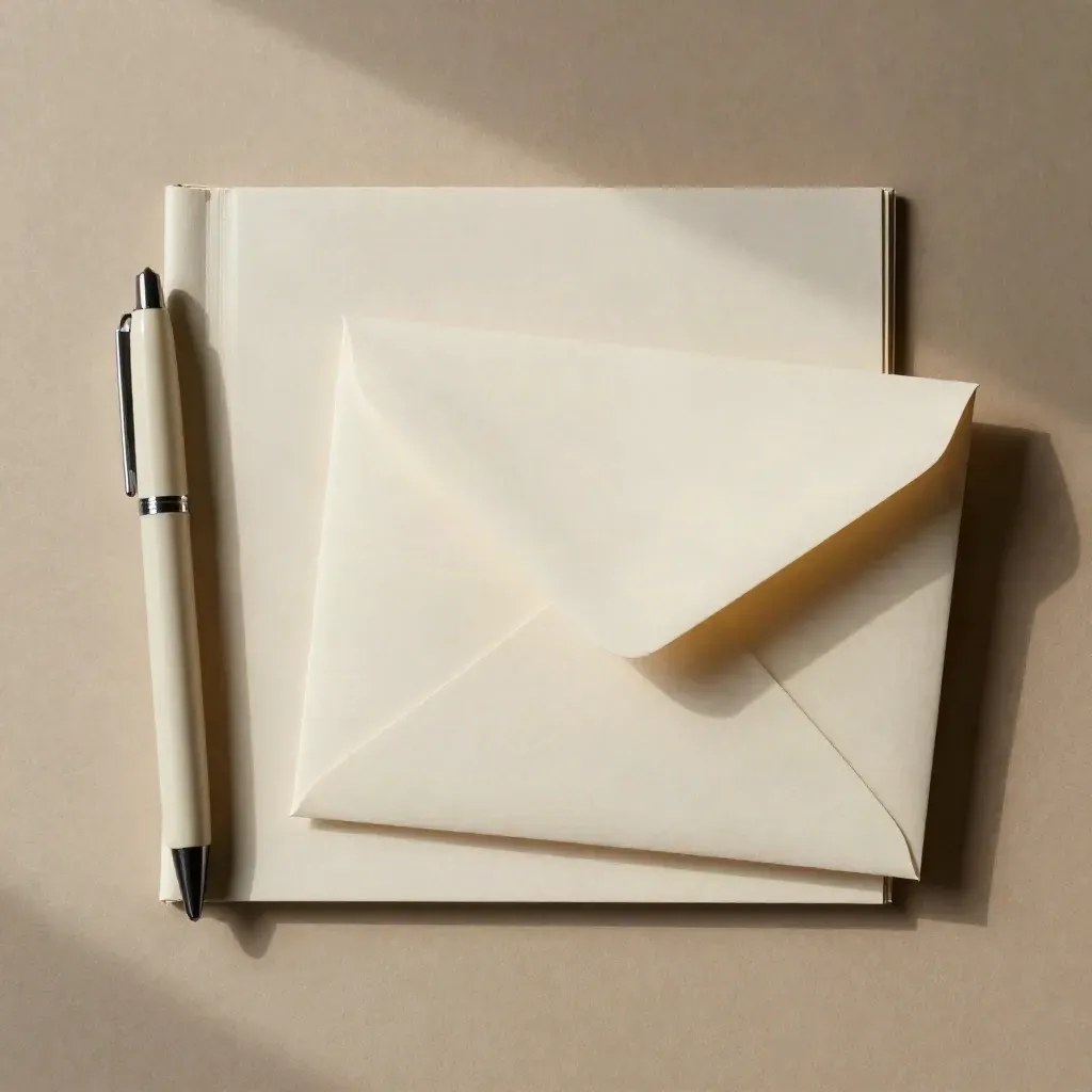 Top-down binder, capped pen and envelope stack on an oatmeal surface with soft paper shadows.
