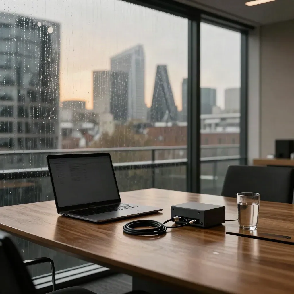 Rainy London meeting room with laptop, security device, and city lights beyond glass