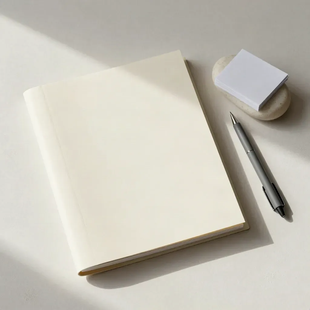 Cream remediation binder with graphite pen and stone paperweight on an off-white plaster sweep.